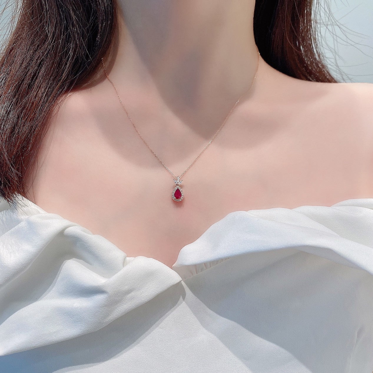 18K Rose Gold Ruby Waterdrop Trifoil Clover Necklace - Luxury Jewelry - Red Treasure Necklace