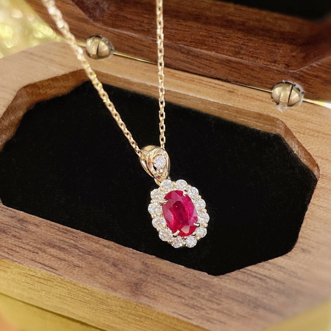 18K Rose Gold Single Elliptical Ruby Four-Claw Necklace | Fine Jewelry - Red Treasure Necklace