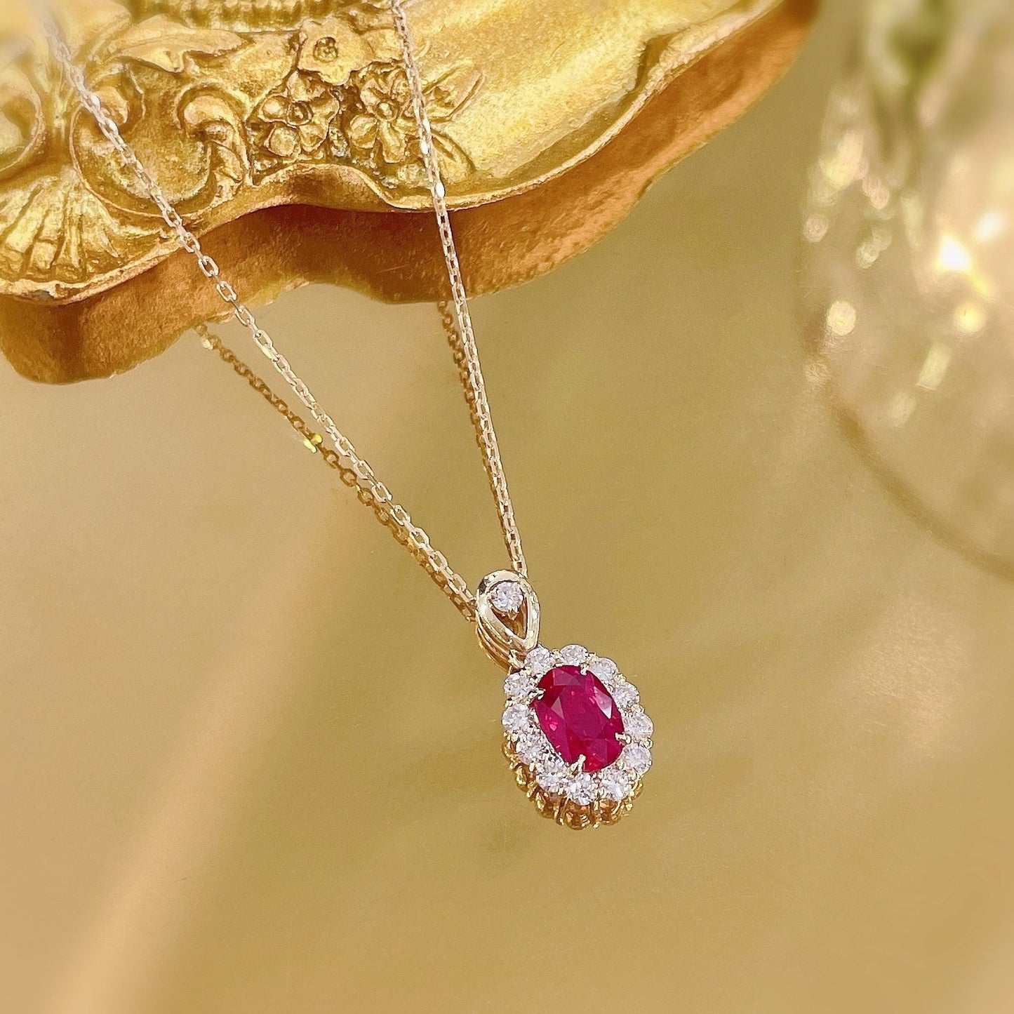 18K Rose Gold Single Elliptical Ruby Four-Claw Necklace | Fine Jewelry - Red Treasure Necklace