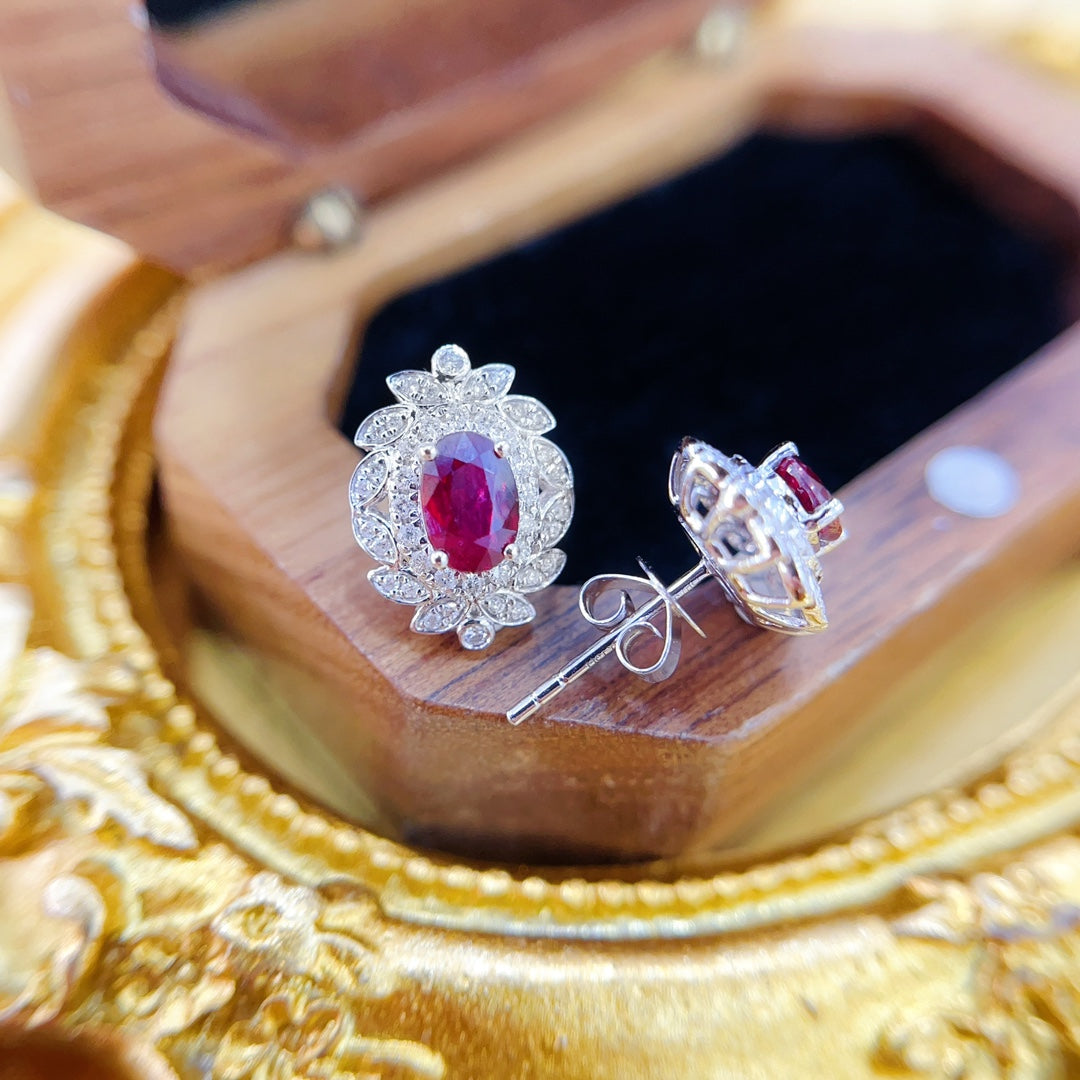 18K Rose Gold Vintage Elliptical Ruby Diamond Earrings Jeweler.Jewelry