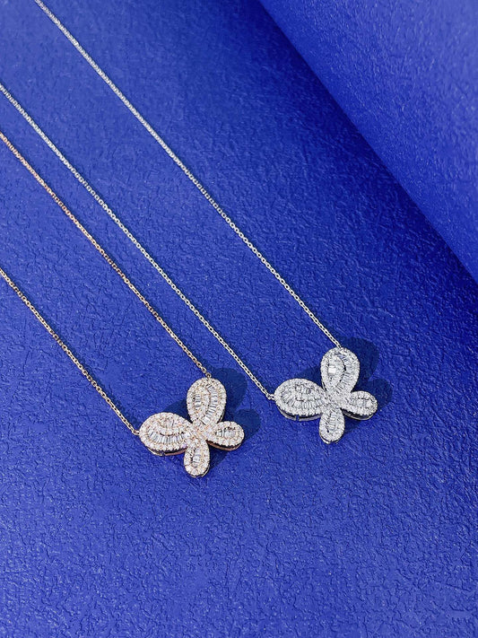 18K Round Ladder Butterfly Pendant Jewelry - White Diamond Necklace