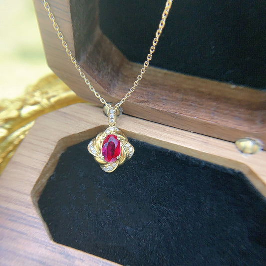 18K Ruby Diamond-Cut Pendant Necklace - XL044-C - Red Treasure Necklace