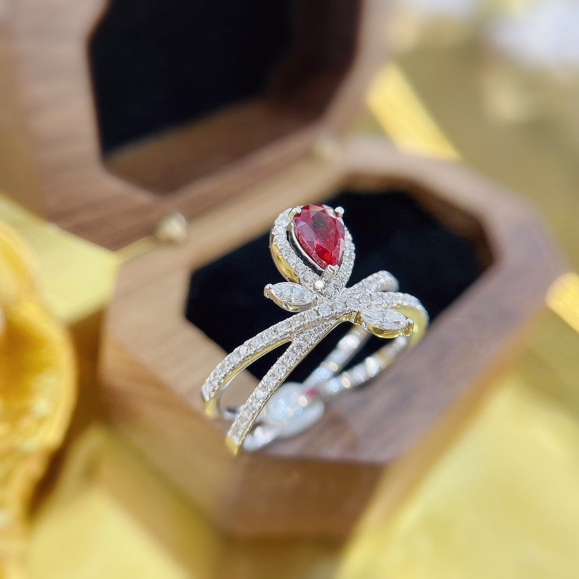 18K Ruby Drop Crossover Ring - Exquisite Jewelry Piece - Red Treasure Ring