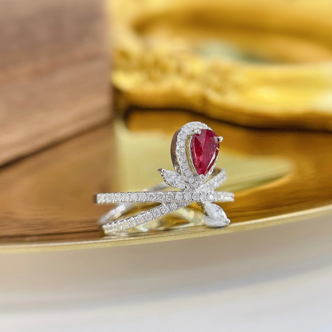 18K Ruby Drop Crossover Ring - Exquisite Jewelry Piece - Red Treasure Ring