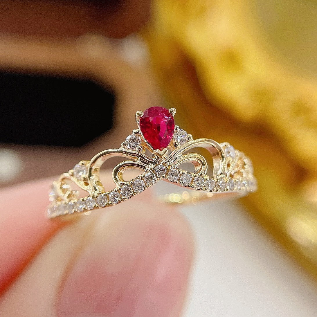 18K Ruby Drop Crown Ring - Luxurious Jewelry Piece - Red Treasure Ring