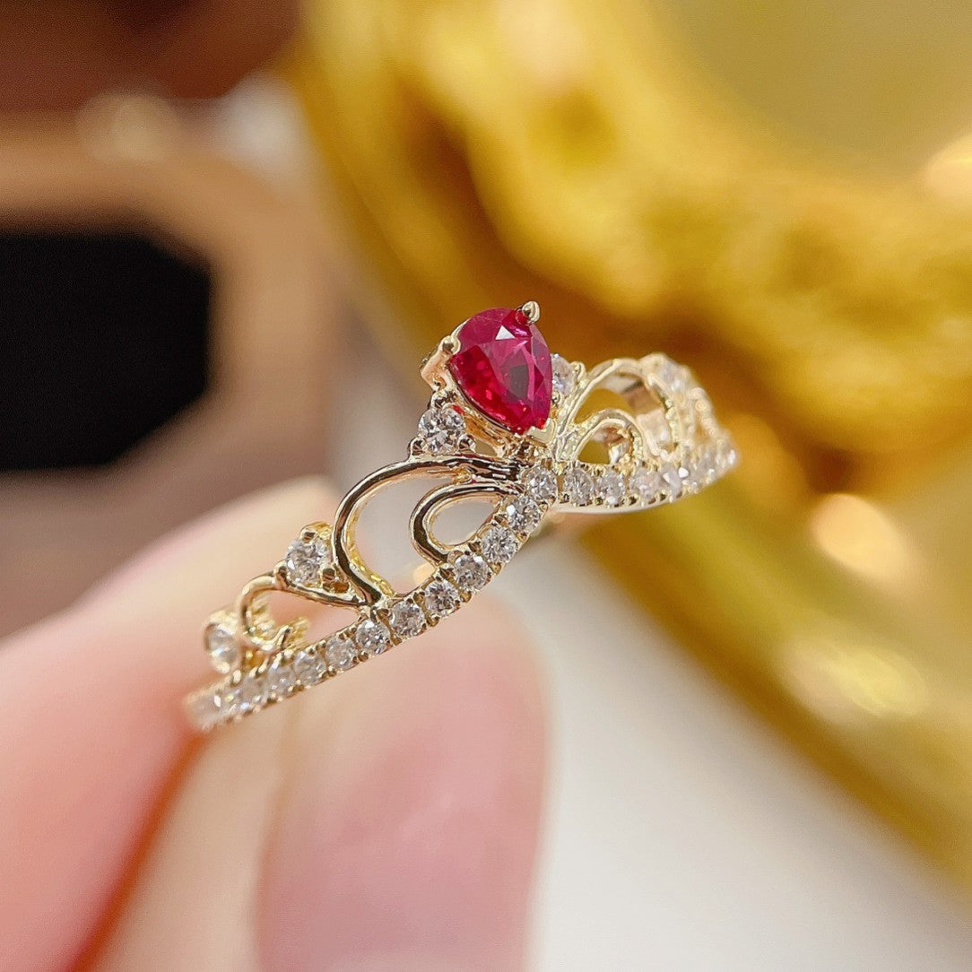 18K Ruby Drop Crown Ring - Luxurious Jewelry Piece - Red Treasure Ring