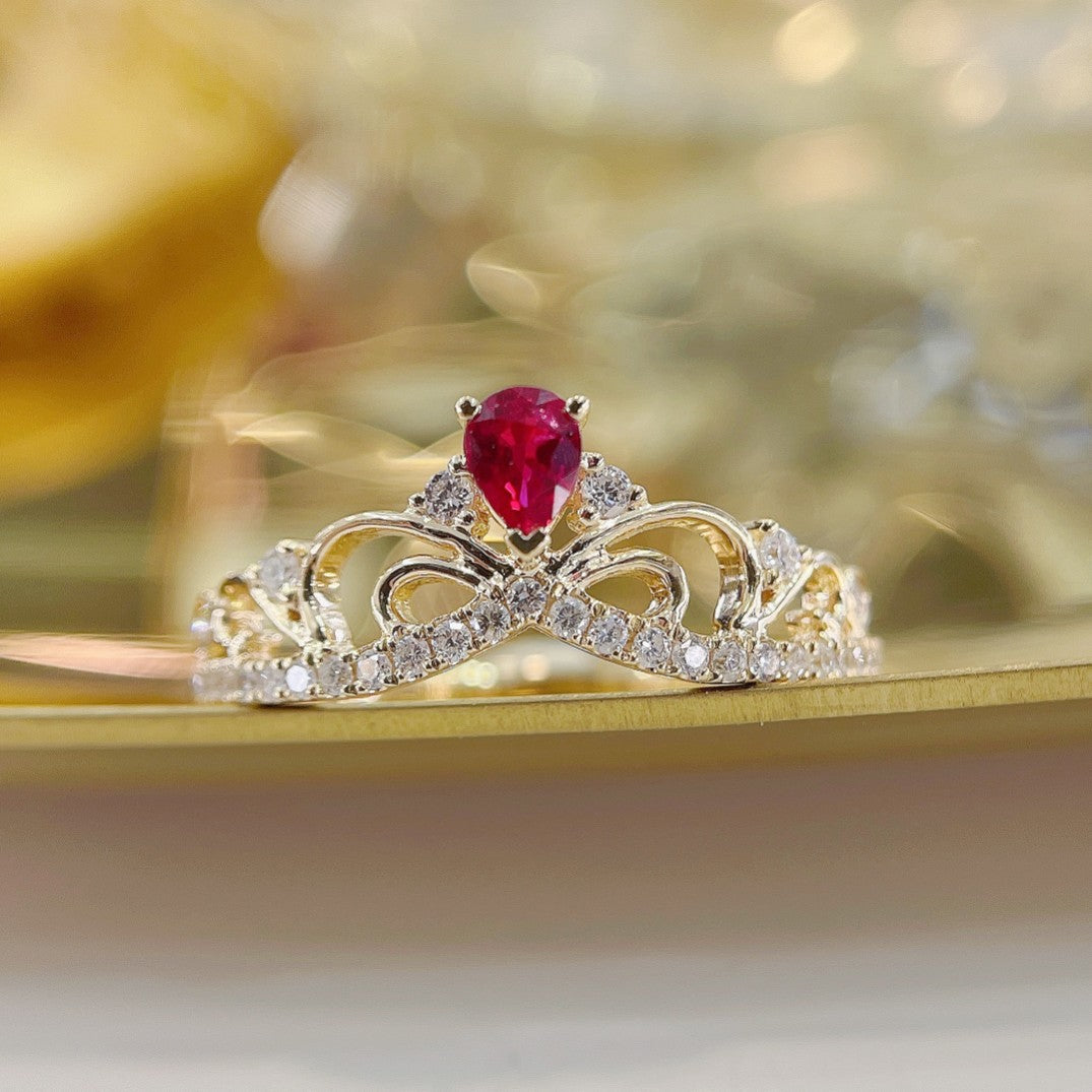 18K Ruby Drop Crown Ring - Luxurious Jewelry Piece - Red Treasure Ring