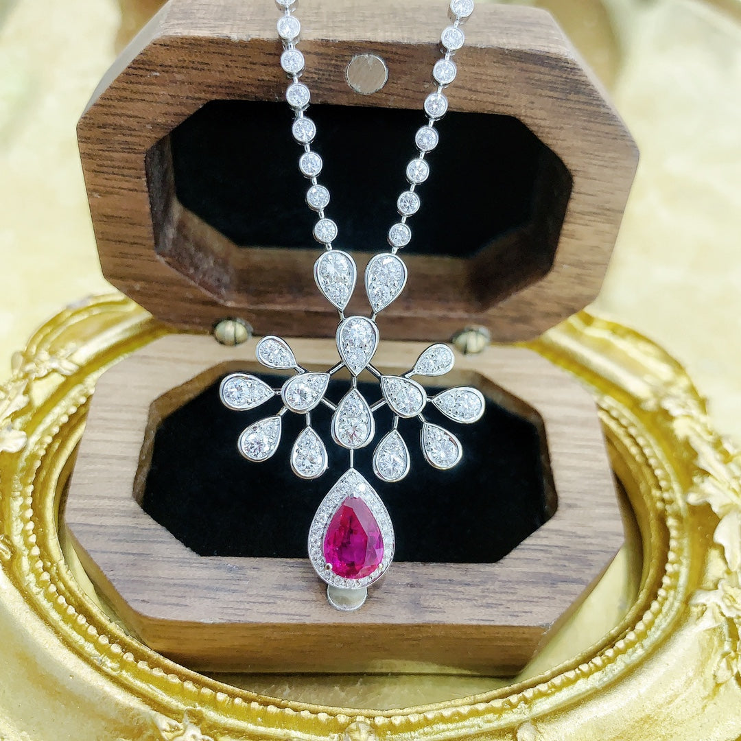 18K Ruby Drop Peacock Pendant Set - Exquisite Jewelry - Red Treasure Necklace