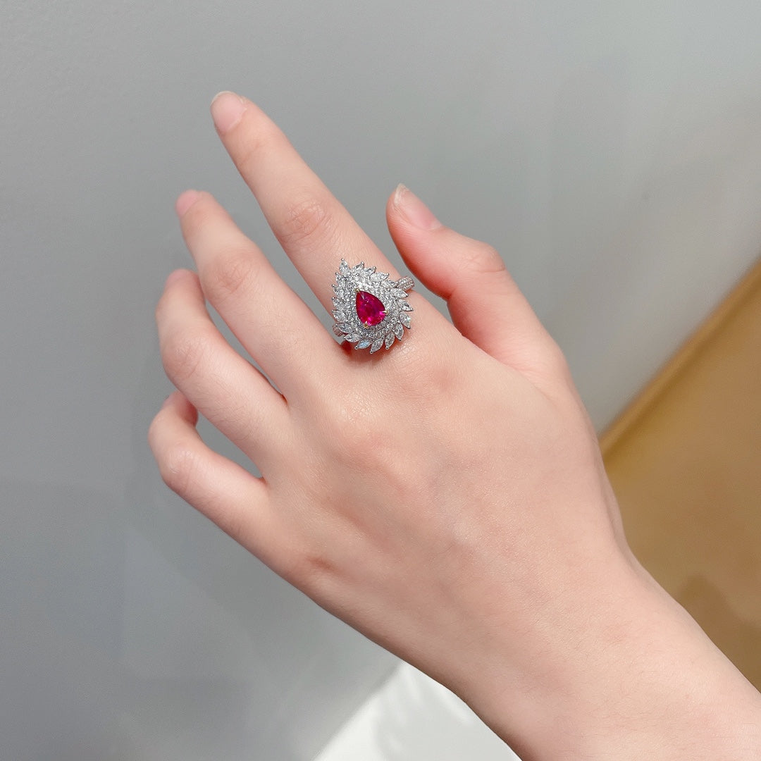 18K Ruby Drop Surrounding Marquise Leaf Transformable Jewelry - Red Treasure Ring