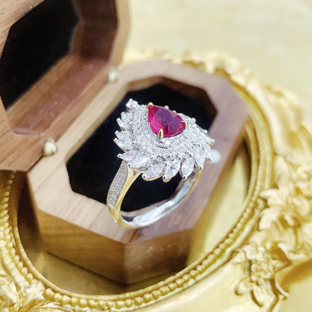 18K Ruby Drop Surrounding Marquise Leaf Transformable Jewelry - Red Treasure Ring