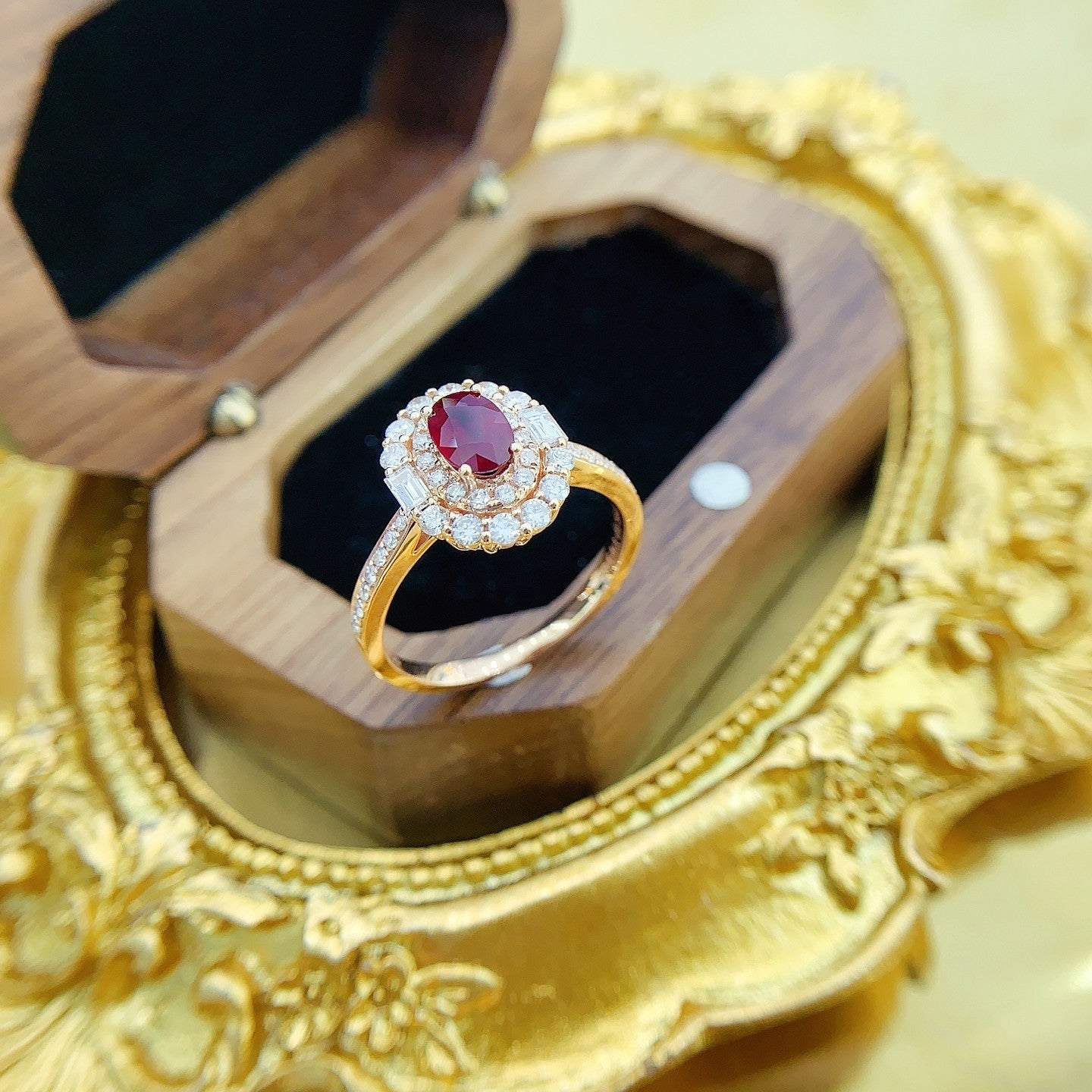 18K Ruby Ellipse Double Halo Ring - Luxury Jewelry - Red Treasure Ring