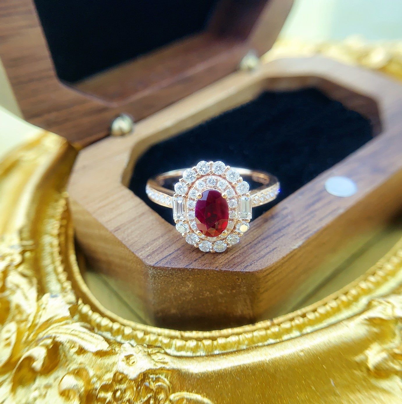 18K Ruby Ellipse Double Halo Ring - Luxury Jewelry - Red Treasure Ring