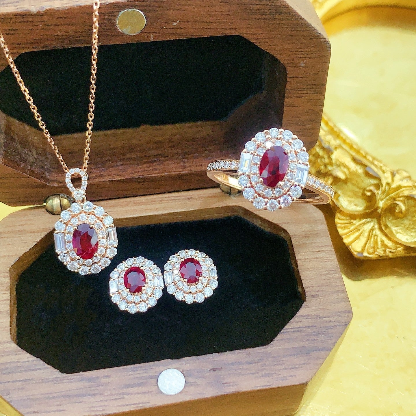 18K Ruby Elliptical Double Halo Jewelry Series - Red Treasure Set Series