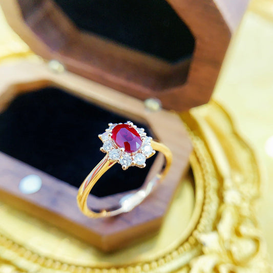 18K Ruby Elliptical Sunflower Ring | Premium Jewelry - Red Treasure Ring