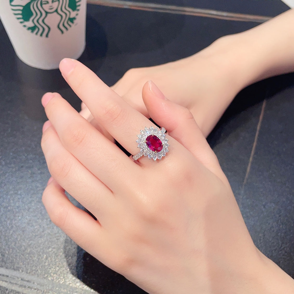 18K Ruby Elliptical Sunflower Ring with AIGS Certificate - Red Treasure Ring