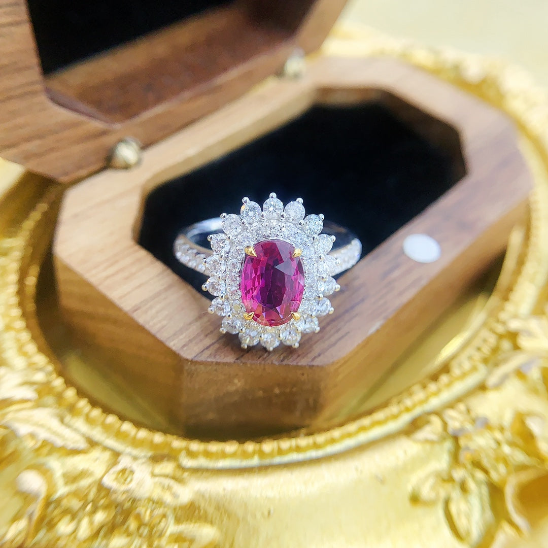 18K Ruby Elliptical Sunflower Ring with AIGS Certificate - Red Treasure Ring