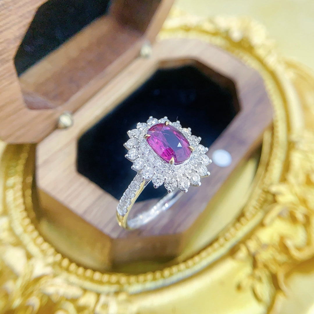 18K Ruby Elliptical Sunflower Ring with AIGS Certificate - Red Treasure Ring