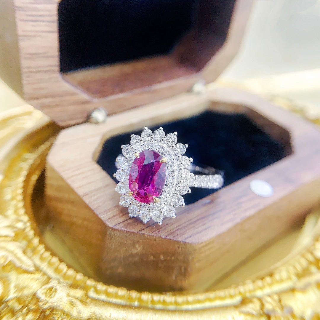 18K Ruby Elliptical Sunflower Ring with AIGS Certificate - Red Treasure Ring