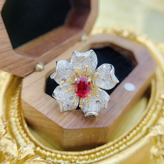 18K Ruby Five-Petal Flower Double-Wear Jewelry - Red Treasure Ring