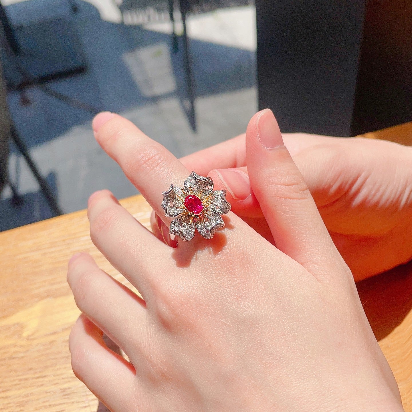 18K Ruby Five-Petal Flower Double-Wear Jewelry - Red Treasure Ring