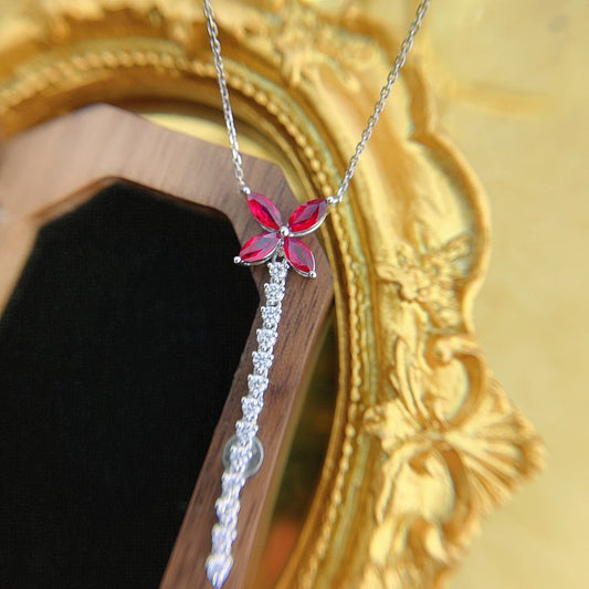 18K Ruby Four-Leaf Marquise Necklace - Exquisite Jewelry Piece - Red Treasure Necklace