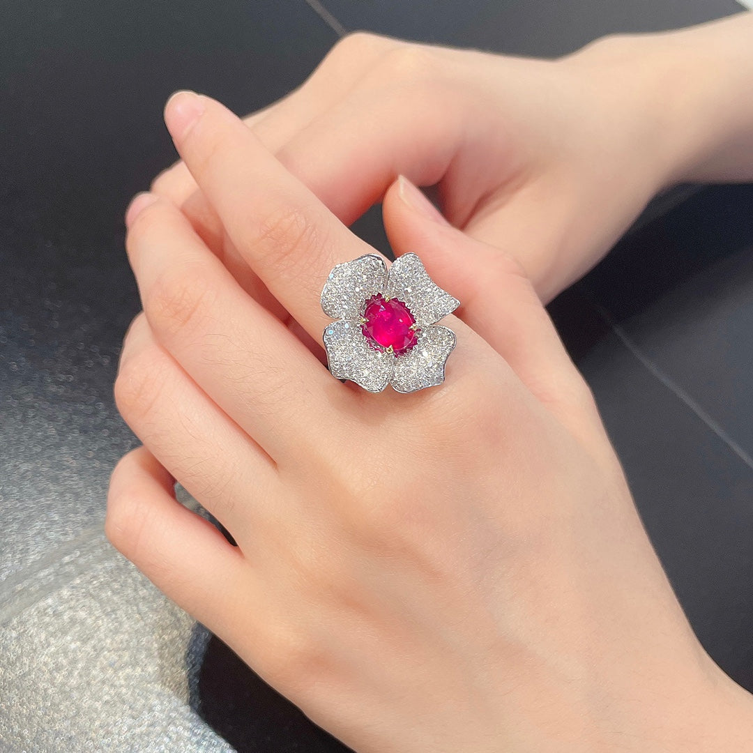 18K Ruby Four-Petal Flower Two-Way Wear Jewelry - Red Treasure Ring