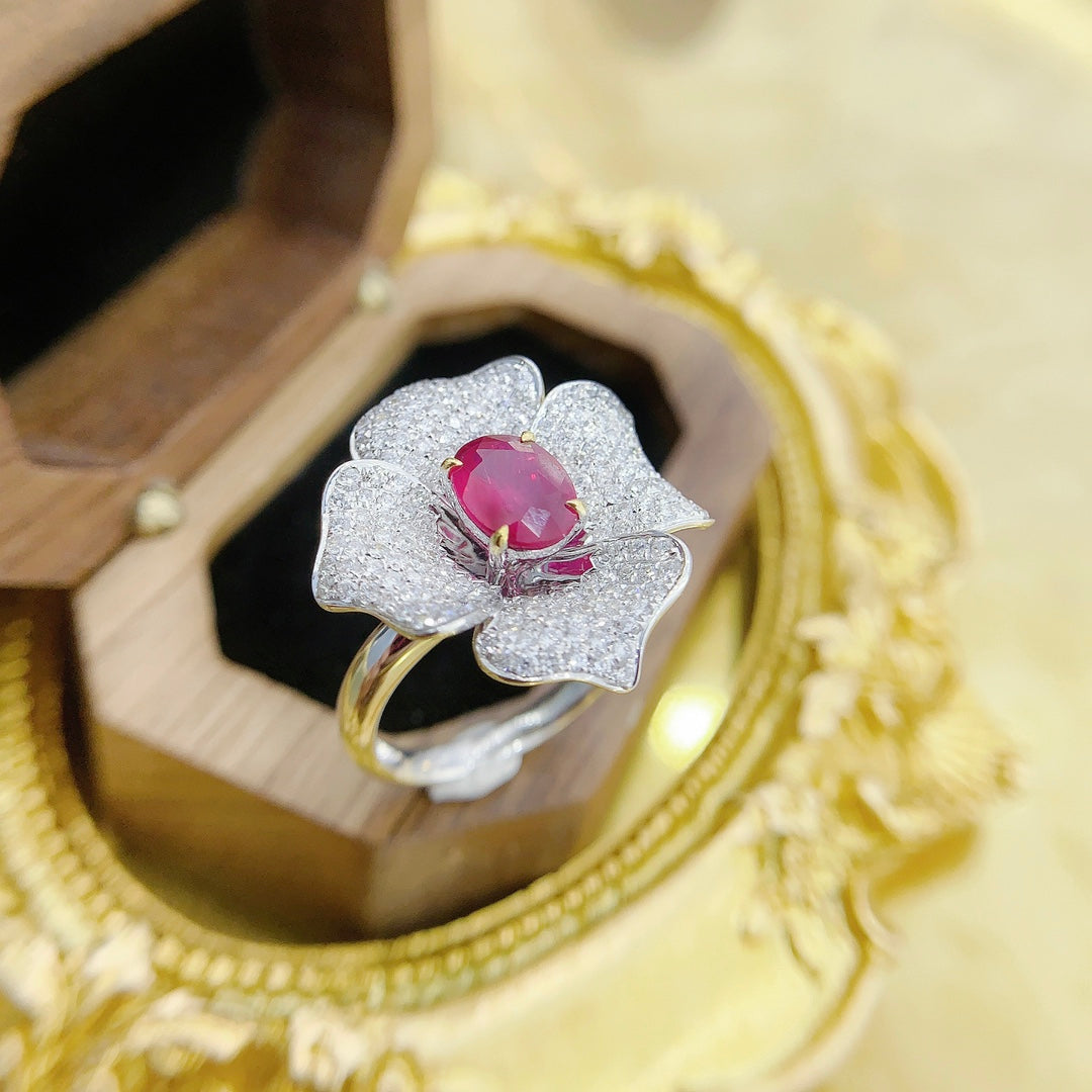 18K Ruby Four-Petal Flower Two-Way Wear Jewelry - Red Treasure Ring