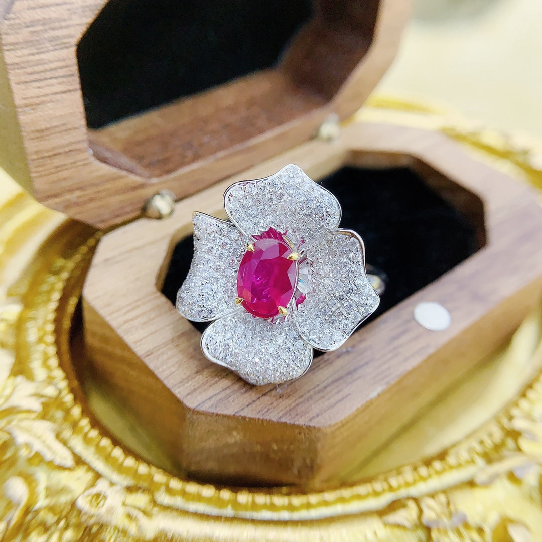 18K Ruby Four-Petal Flower Two-Way Wear Jewelry - Red Treasure Ring