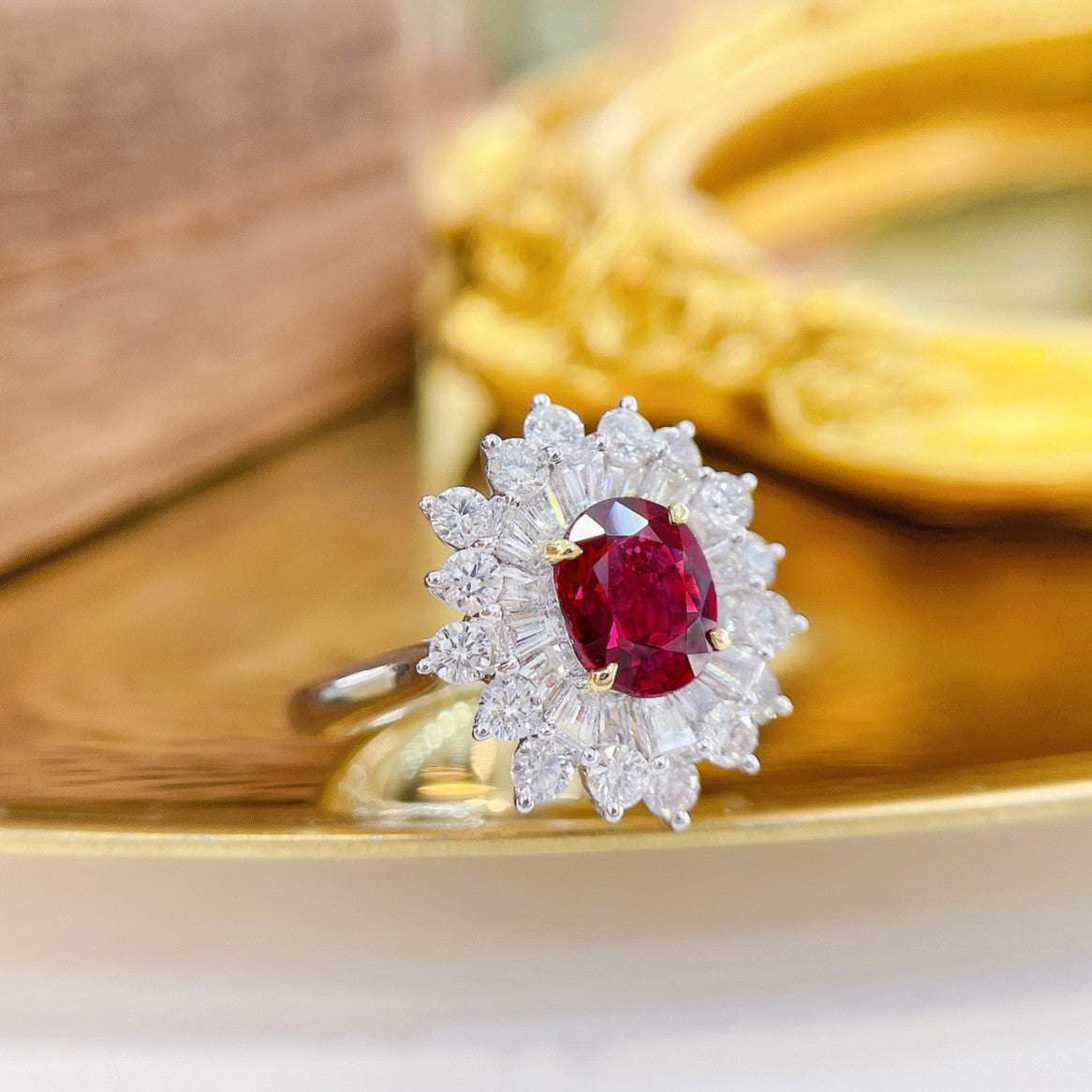 18K Ruby Oval Cushion Halo Ring - Premium Jewelry - Red Treasure Ring