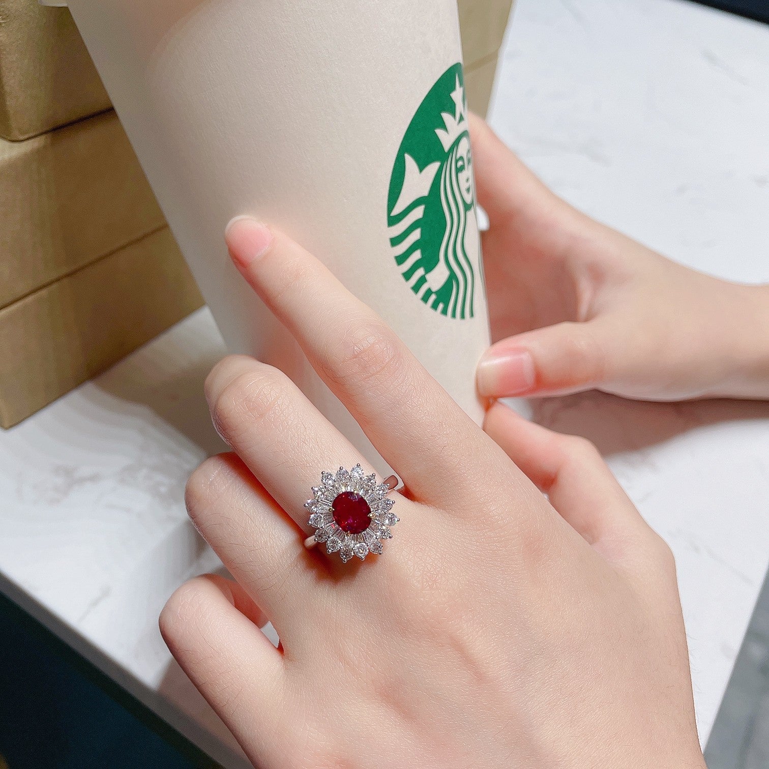 18K Ruby Oval Cushion Halo Ring - Premium Jewelry - Red Treasure Ring