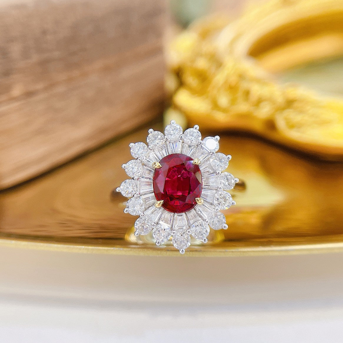 18K Ruby Oval Cushion Halo Ring - Premium Jewelry - Red Treasure Ring