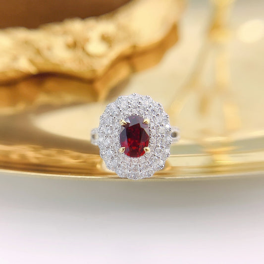 18K Ruby Oval Three-Stone Diamond Hollow Two-Way Wear Jewelry - Red Treasure Ring