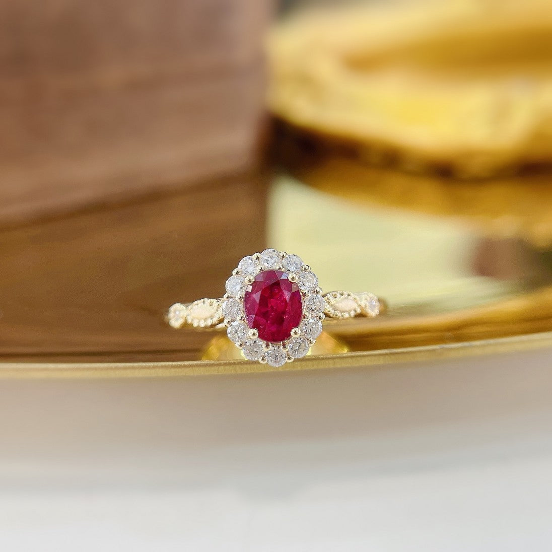 18K Single Elliptical Ruby Ring with Accent Stones | Fine Jewelry - Red Treasure Ring