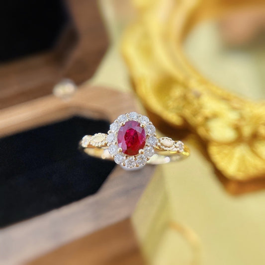 18K Single Elliptical Ruby Ring with Accent Stones | Fine Jewelry - Red Treasure Ring