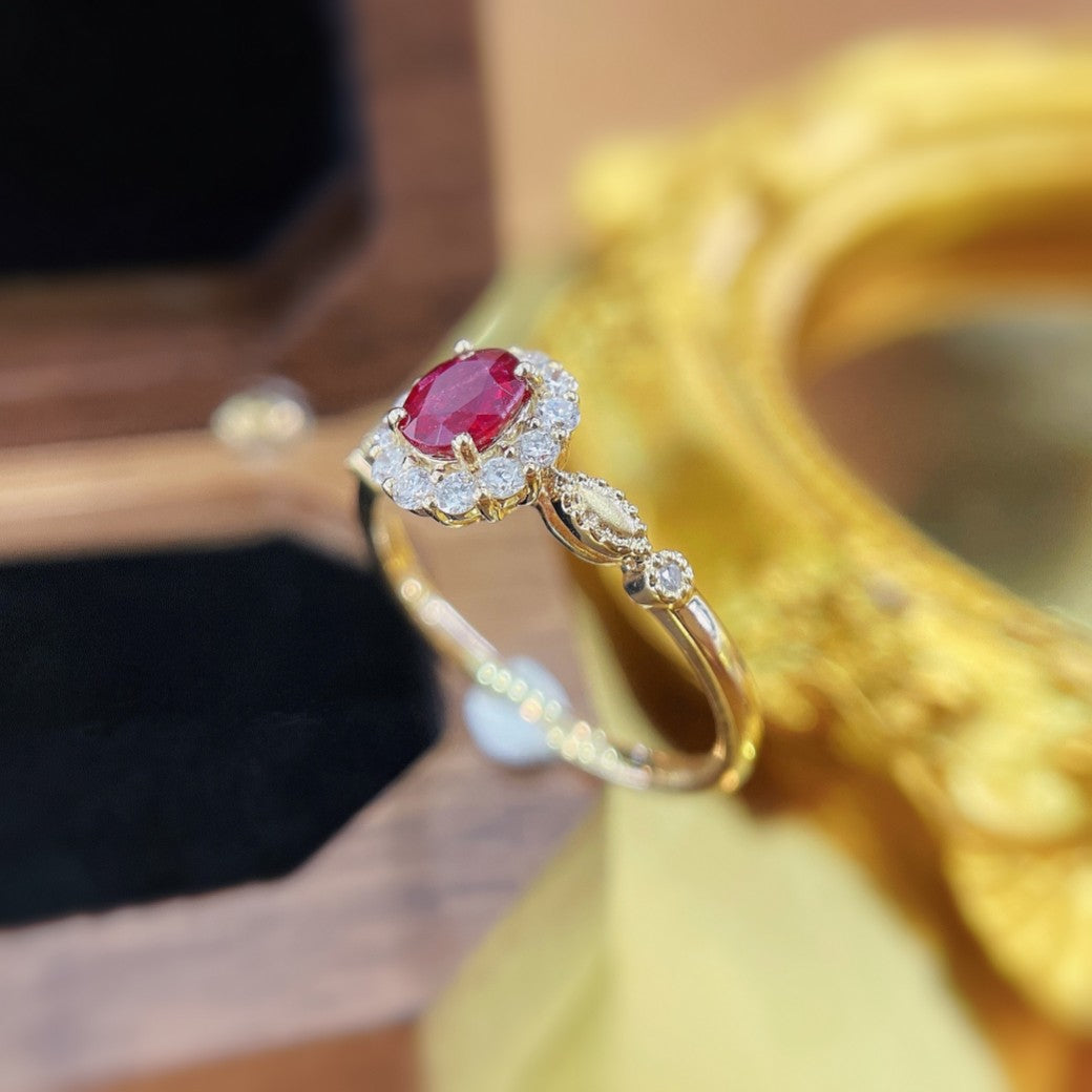 18K Single Elliptical Ruby Ring with Accent Stones | Fine Jewelry - Red Treasure Ring