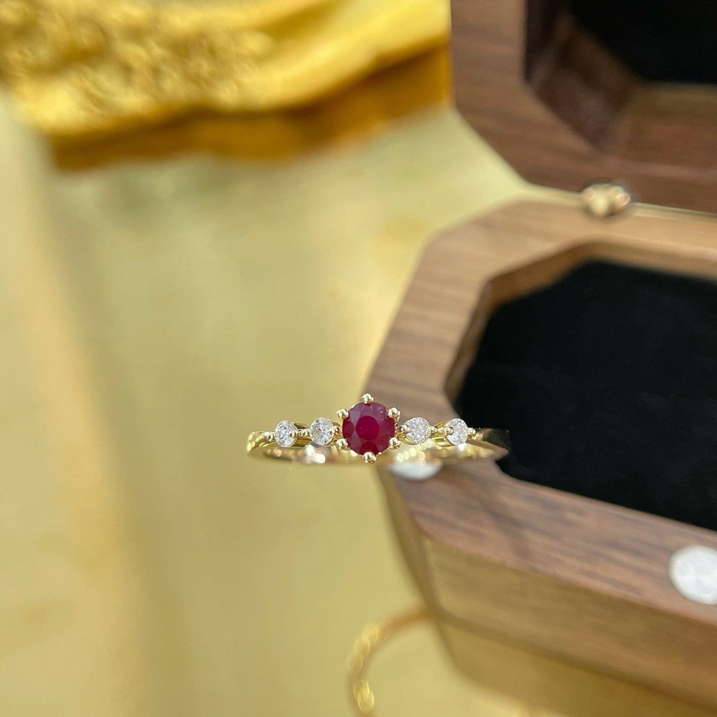 18K Single Round Diamond Ring with Ruby Accent - Premium Jewelry - Red Treasure Ring