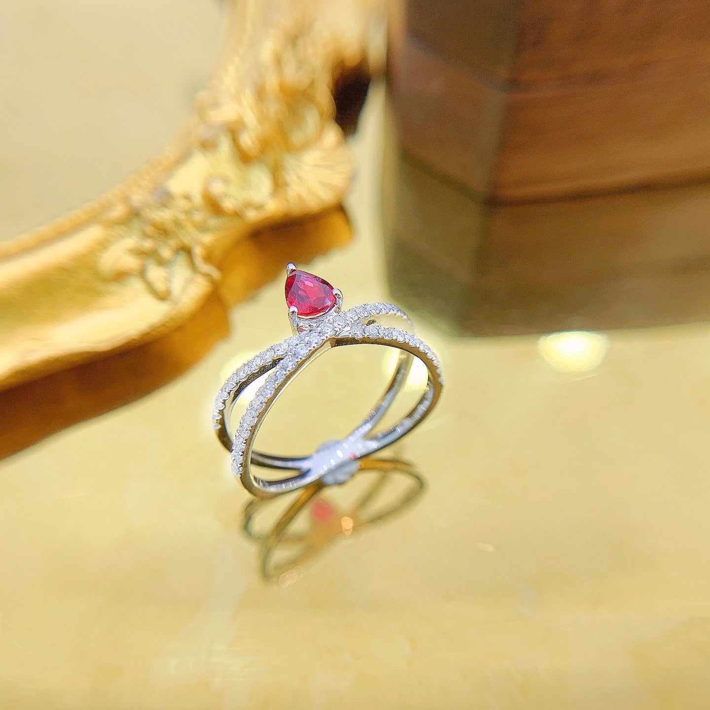 18K Single Ruby Drop Crossover Ring - Exquisite Jewelry Piece - Red Treasure Ring