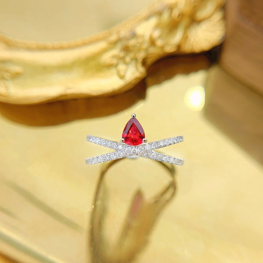 18K Single Ruby Drop Crossover Ring - Exquisite Jewelry Piece - Red Treasure Ring