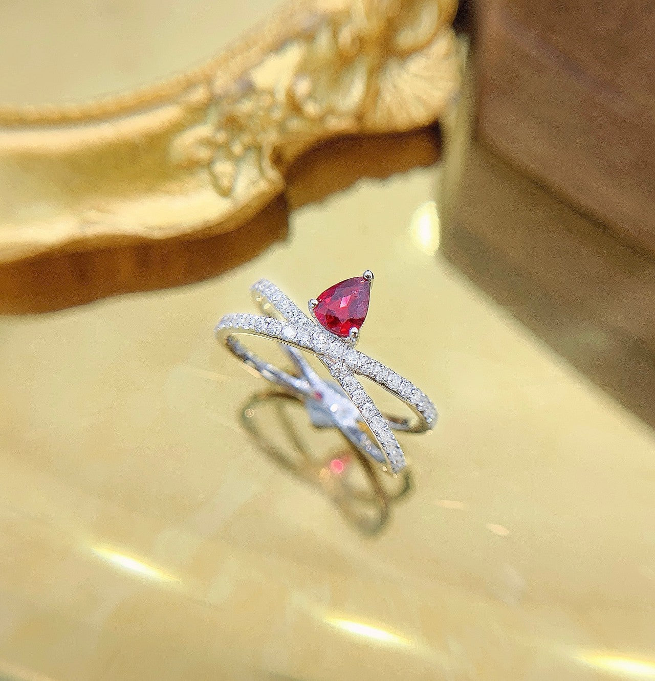 18K Single Ruby Drop Crossover Ring - Exquisite Jewelry Piece - Red Treasure Ring