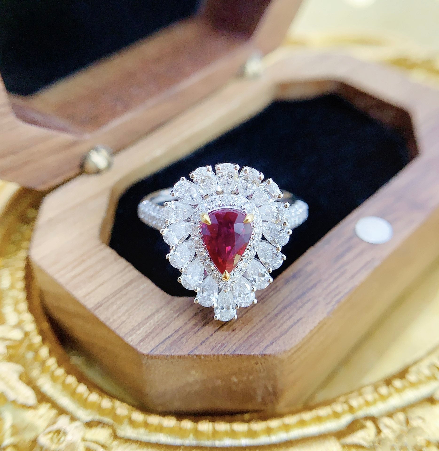 18K Two-Way Wear Red Ruby Drop Pendant with Diamond Halo - Premium Jewelry - Red Treasure Ring