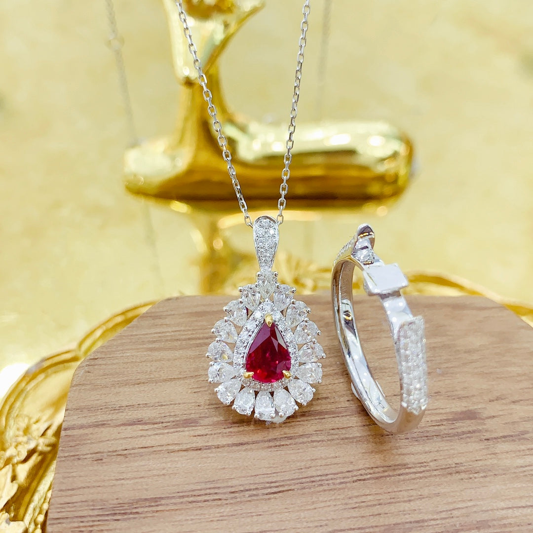 18K Two-Way Wear Red Ruby Drop Pendant with Diamond Halo - Premium Jewelry - Red Treasure Ring