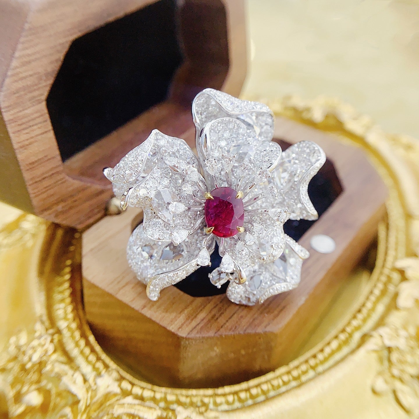 18K Two-Way Wearable Ruby Double Flower Pendant Jewelry - Red Treasure Ring