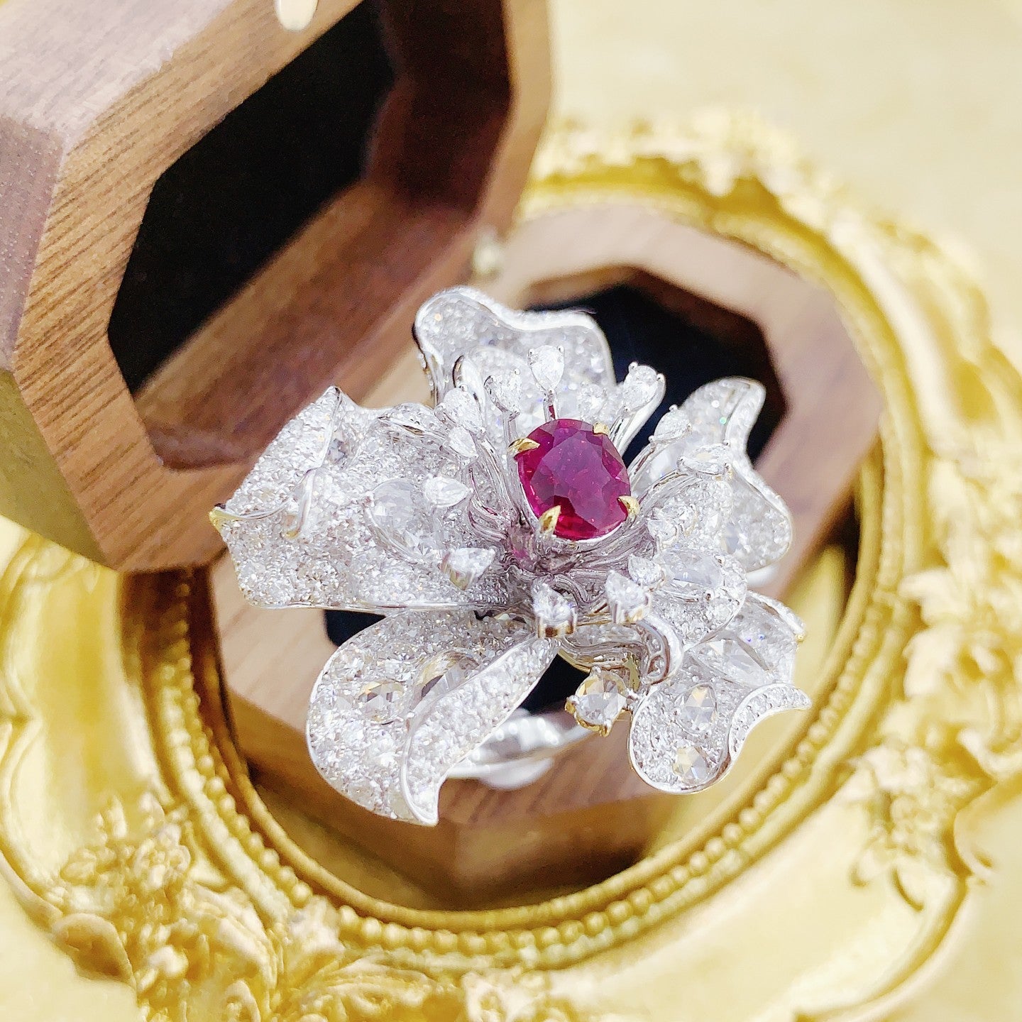 18K Two-Way Wearable Ruby Double Flower Pendant Jewelry - Red Treasure Ring