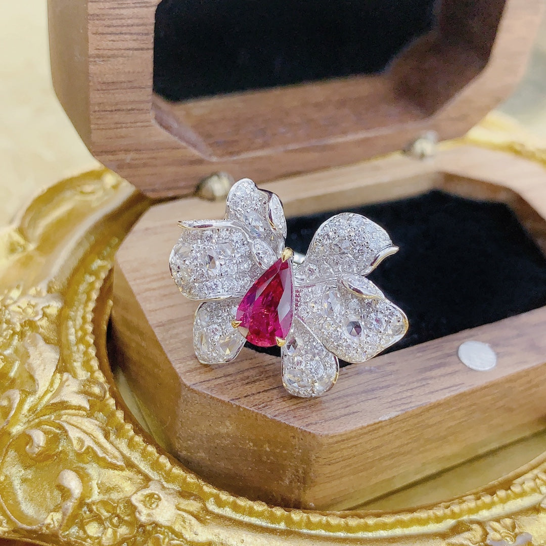 18K Two-Way Wearable Ruby Drop Butterfly Jewelry - Red Treasure Ring