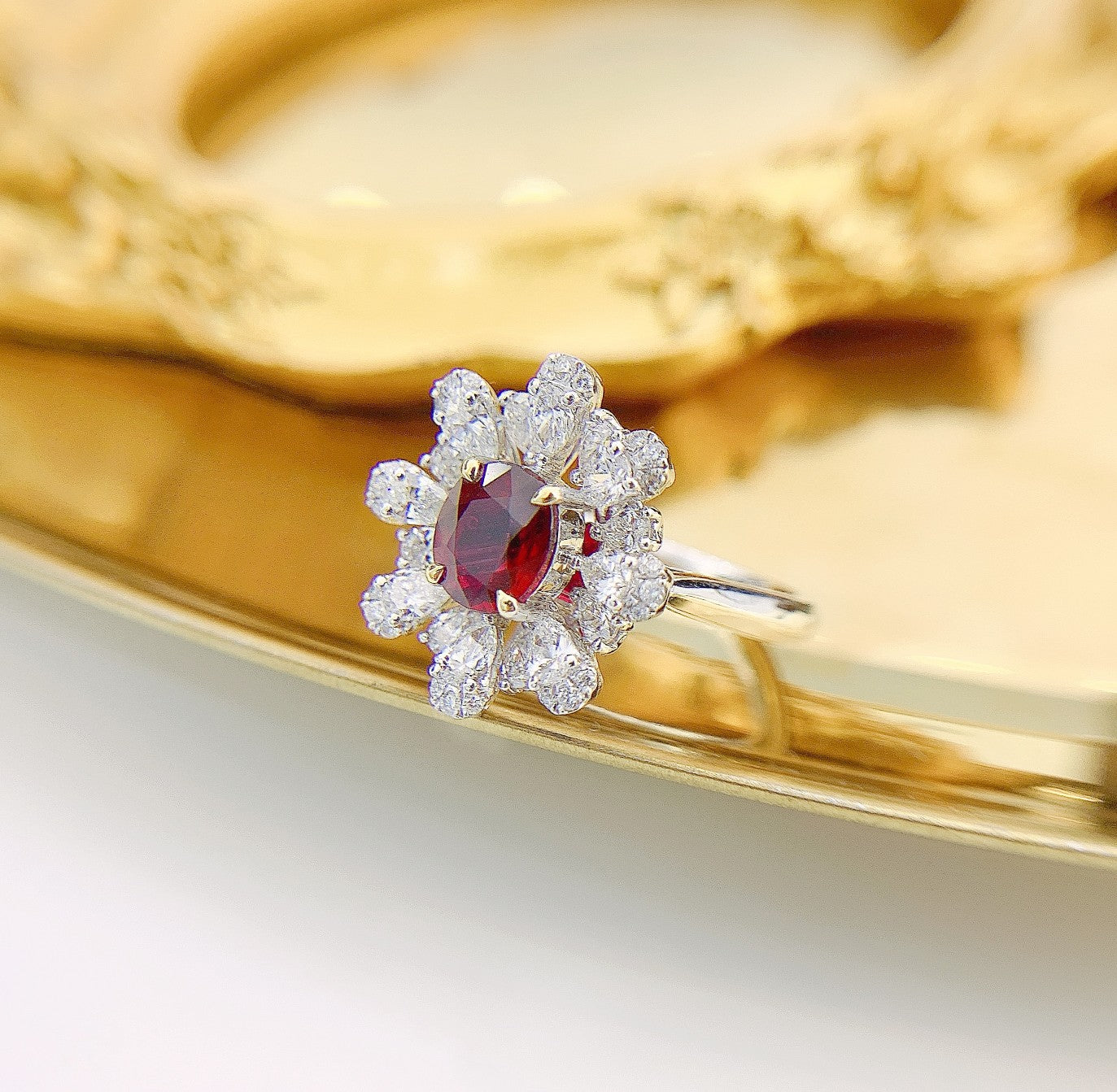 18K Two-Way Wearable Ruby Oval Drop Flower Ring with AIGS Certificate - Red Treasure Ring