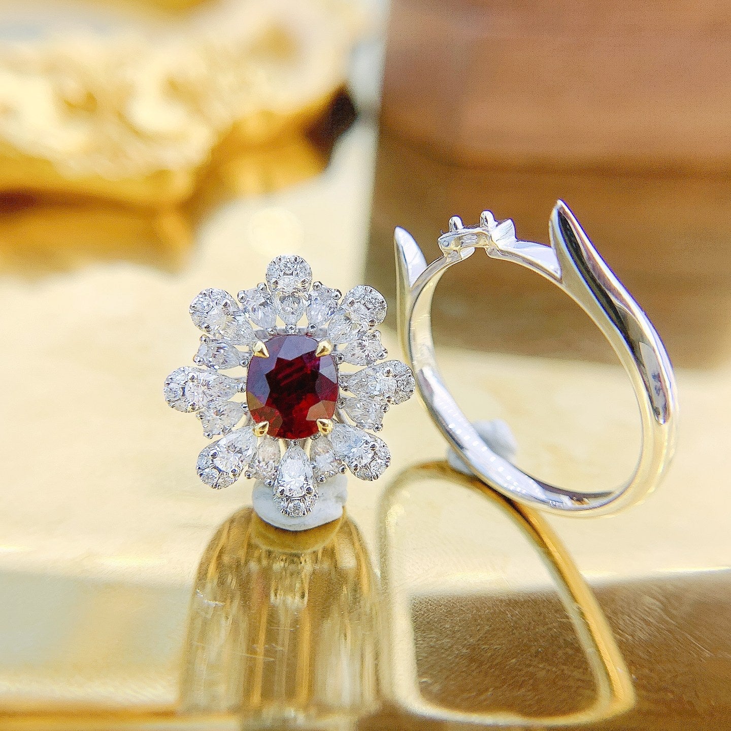 18K Two-Way Wearable Ruby Oval Drop Flower Ring with AIGS Certificate - Red Treasure Ring