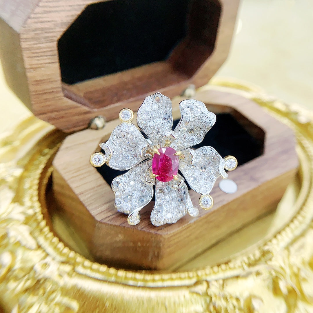 18K Two-Way Wearable Ruby Six-Petal Flower Jewelry - Red Treasure Ring