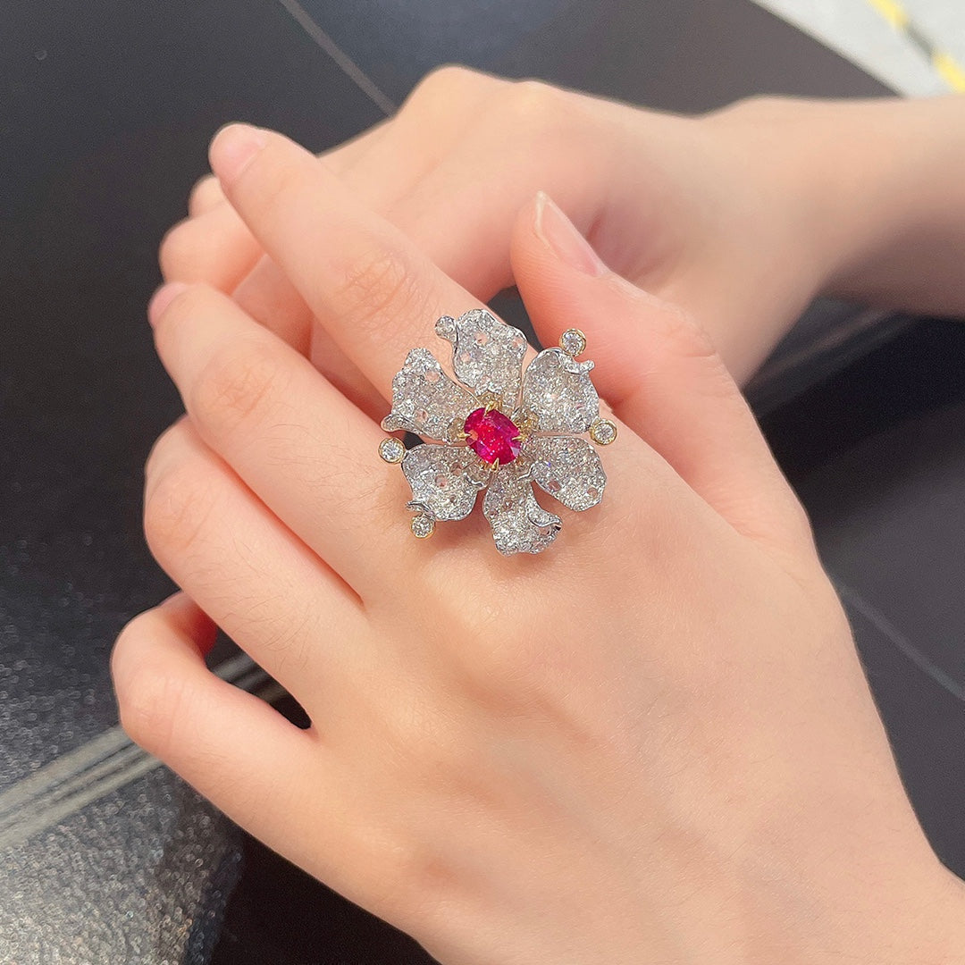 18K Two-Way Wearable Ruby Six-Petal Flower Jewelry - Red Treasure Ring