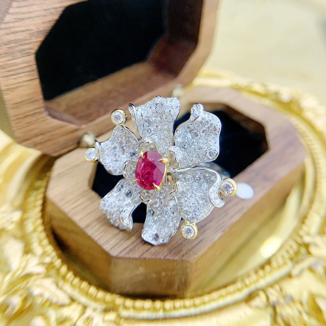 18K Two-Way Wearable Ruby Six-Petal Flower Jewelry - Red Treasure Ring