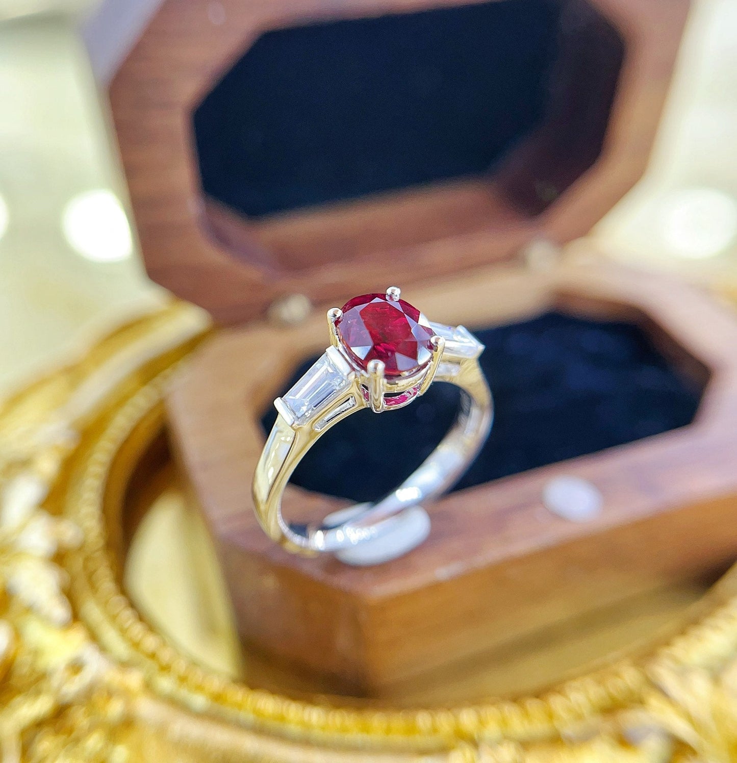 18K Unburned Ruby Elliptical Double-Tier Ring with GUILD Certificate - Red Treasure Ring